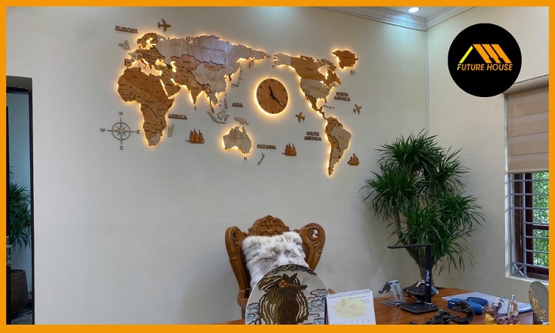 Decor tường văn phòng công ty với tranh bản đồ gỗ độc đáo